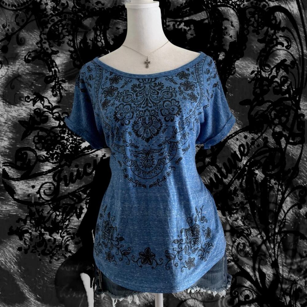 heather bluefloral medallion bateau neck dolman fairy boho grunge whimsical top